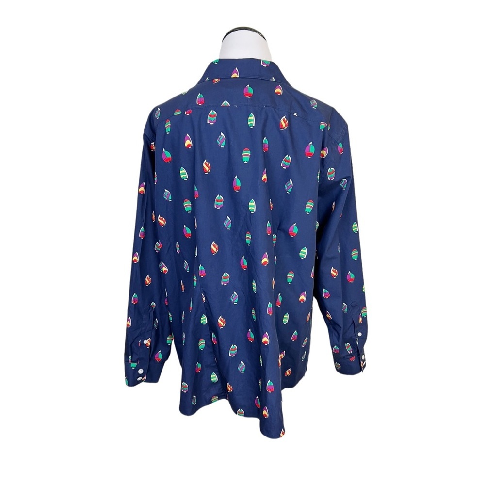 Lands End No Iron Supima Button Front Shirt 18W Sailboat Print Navy Blue - Picture 5 of 8